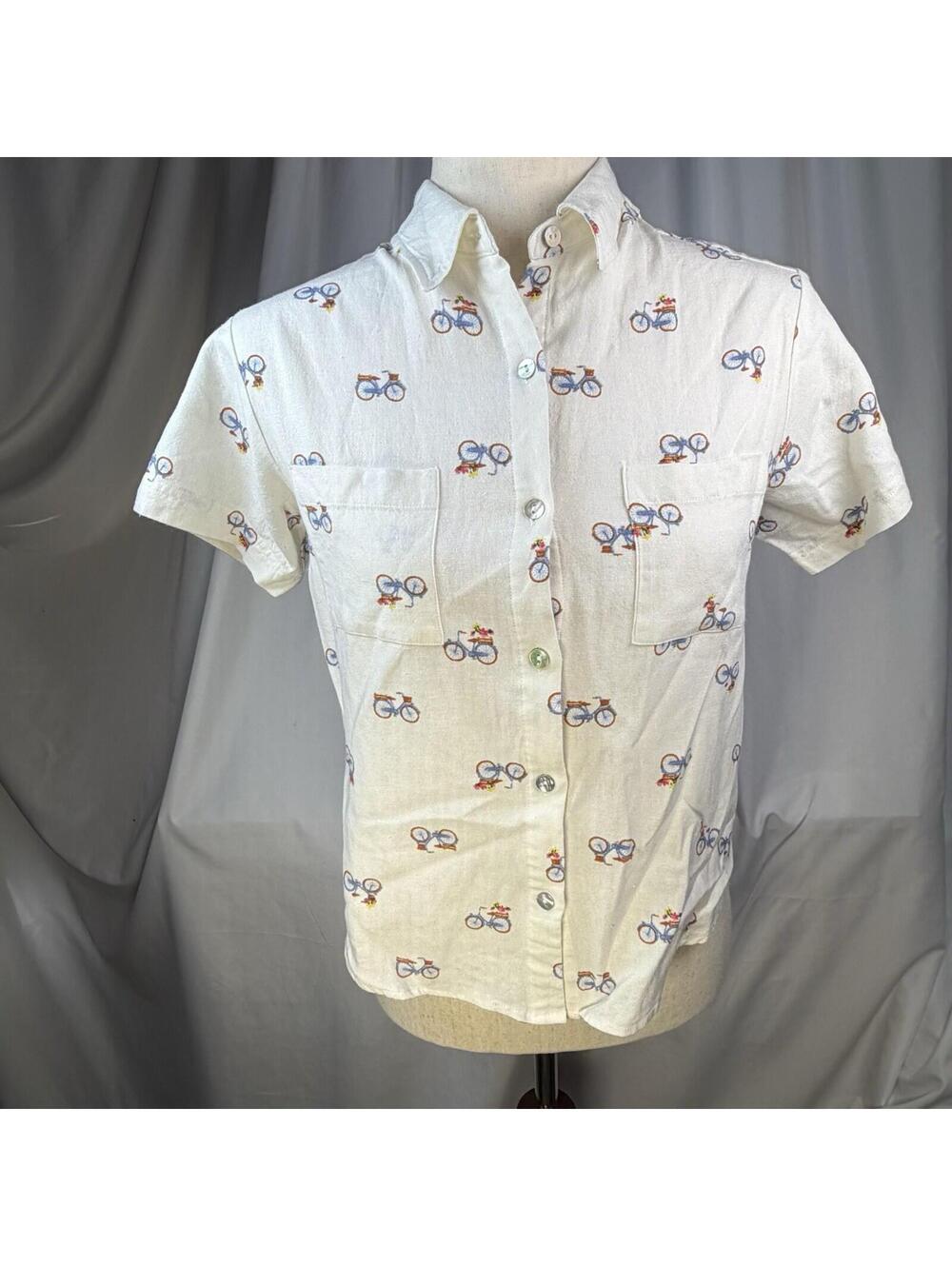Rae Dunn Womens Linen Blend Bicycle Bike Print Button Shirt Blouse Top Small